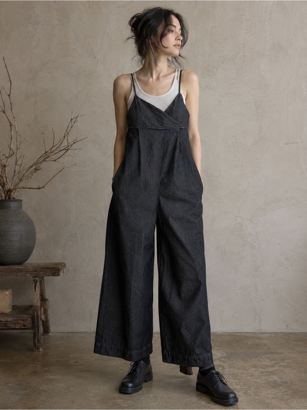 Japanese Denim Wide Leg cropped Overalls Jumpsuit L XL Lagenlook Minimalist